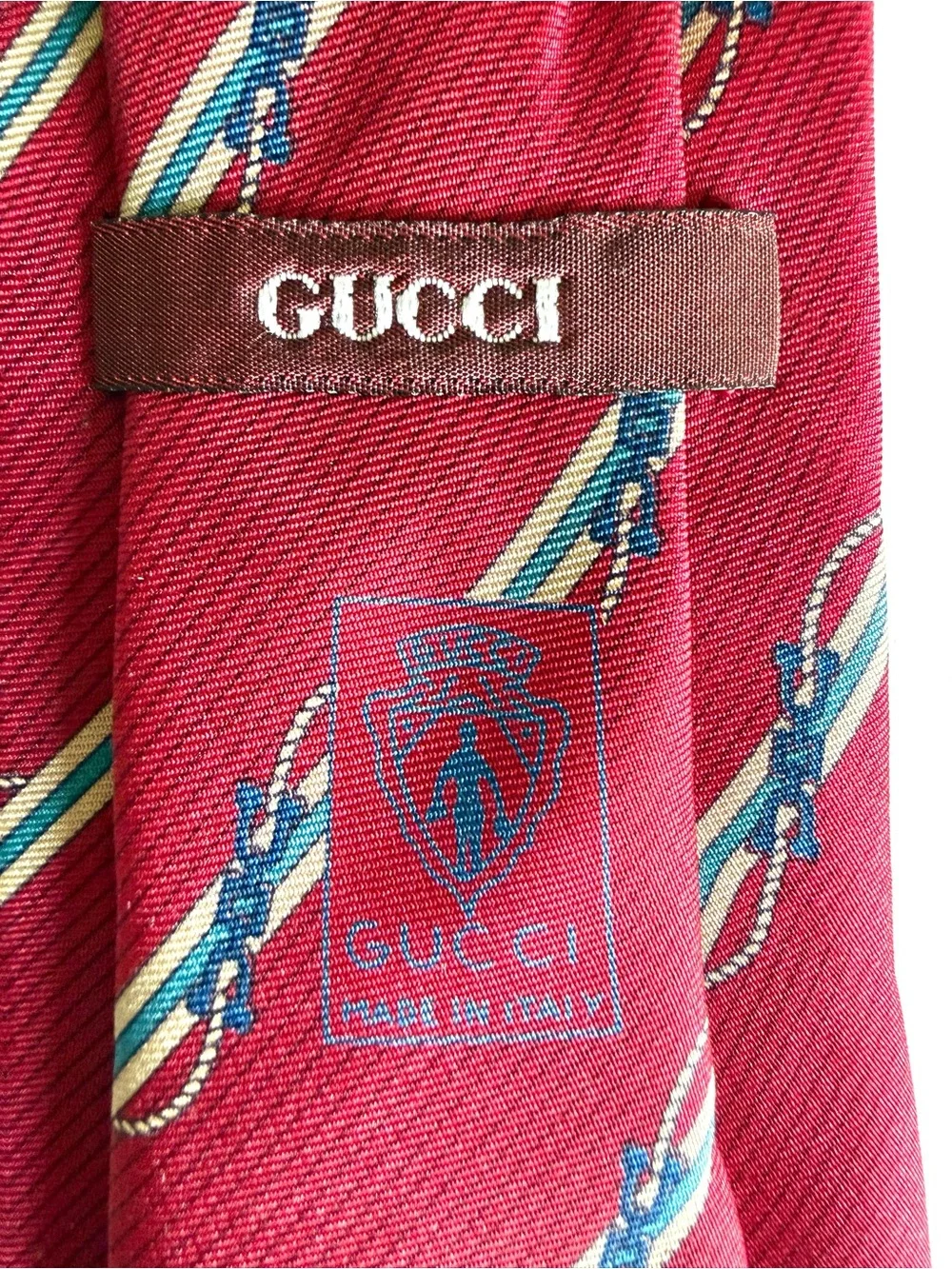 GUCCI Vintage Silk Tie Red Diagonal Stripe Nautical Rope Interlocking GG 80s
